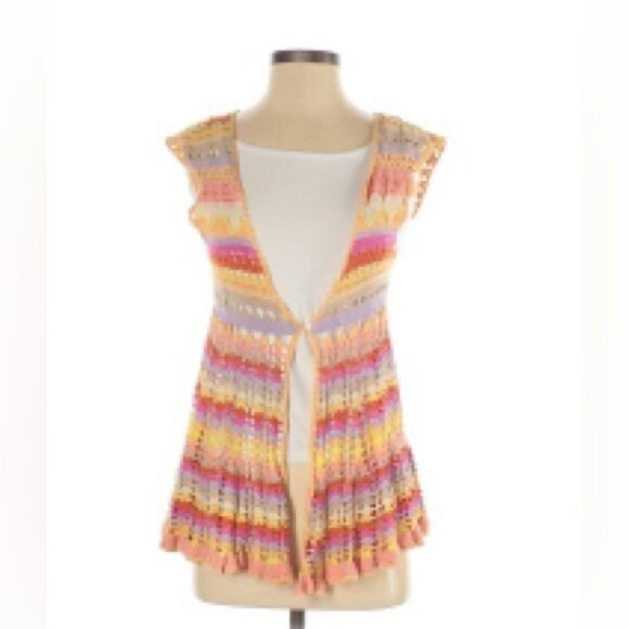 VERY RARE Free People Hippie Rainbow Striped Crochet Knit Cardigan - Picture 6 of 7